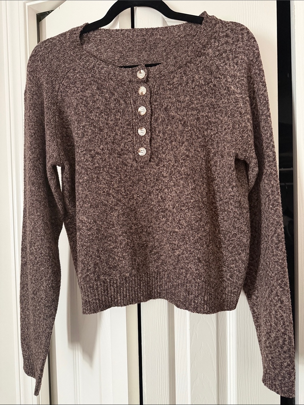 SHEIN Heathered Taupe Button-Front Crewneck Sweater